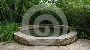 Stone water feature in a lush garden.