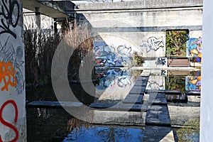 Stone way through water on a Lost Place with Graffiti