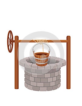 Stone well with rope and bucket medieval design vector illustration isolated on white background