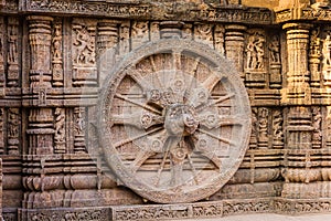 A stone wheel engraved in the walls of ancient Hindu Sun Temple, Konark, Orissa, India.