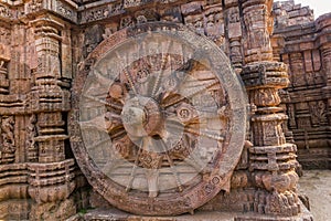 A stone wheel engraved in the walls of the 800 year old Sun Temple, Konark, India.