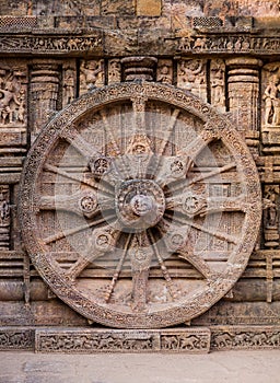 A stone wheel engraved in the walls of 800 year old Sun Temple, Konark, India