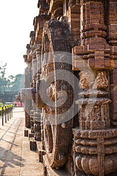 A stone wheel engraved at ancient Hindu Sun Temple, Konark, India. UNESCO