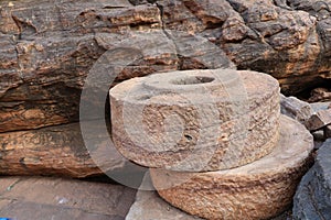 Stone wheels at Badami Cave Temples, Badami, Bagalkot, Karnataka, India - Cave 3