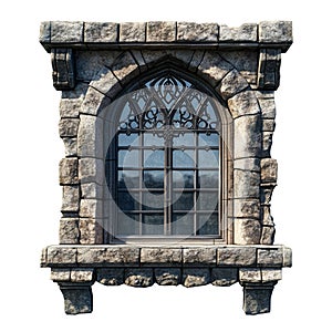 Stone window frame with metal bars, isolated on a transparent background. Rectangular masonry structure with vertical
