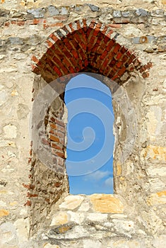 A stone window overlooking the blue sky, Castle Janowiec, Poland