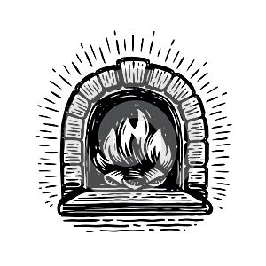 Stone wood burning stove with open fire. Hand drawn fireplace vector illustration