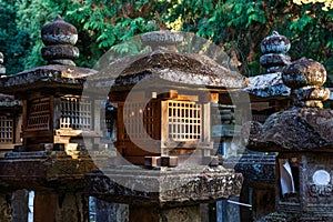 Stone and wood lantern at shrine in Japan