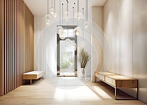 Stone and wood paneling wall in minimalist hallway. Luxury home interior design of modern entrance hall with door and benches.