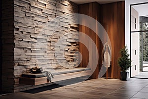 Stone and wood paneling wall in minimalist hallway. Luxury home interior design of modern entrance hall with door and benches