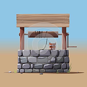 Stone and wood Water well with a bucket