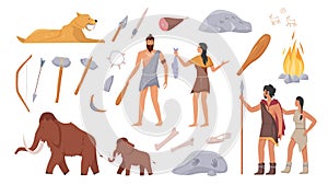 Stoneage primeval family people of primal tribe, prehistoric animals, weapon tools set