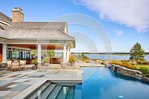 stonebordered pool by shingle style residence photo