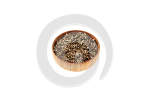Stonebreaker tea or Chanca Piedra tea in wooden bowl isolated on white background. Stonebreaker tea prevent kidney stone formation photo
