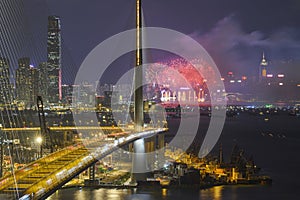 Stonecutters Bridge night view at National Day Fireworks Display