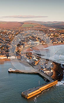 Stonehaven harbour and town at sunrise during the summer