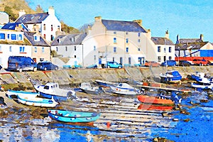 Stonehaven harbour and town at sunrise during the summer, a digital filter applied to photo, original photo and