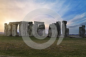 Stonehenge large panorama at sunset, United Kingdom