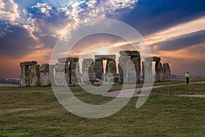 Stonehenge large panorama at sunset, United Kingdom