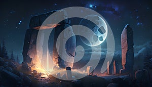 Stonehenge at night. Fantasy landscape with moon. 3D rendering