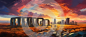 Stonehenge at sunset. Fantasy landscape. Digital oil color painting illustration