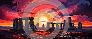 Stonehenge at sunset. Fantasy landscape. Digital oil color painting illustration