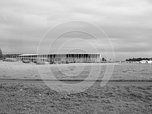 Stonehenge visitor centre in Amesbury in black and white