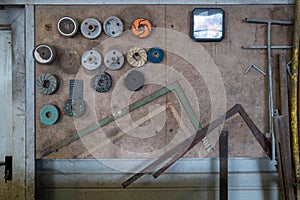 in the stonemasonry store lhang various tools on a wall