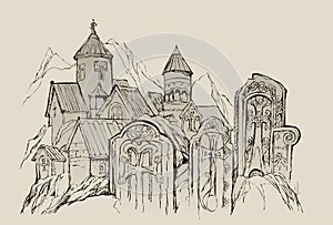 Stones of Armenia. Sketch of ancient church and old Armenian khachkar crosses. Drawing from nature in vicinity lake Sevan. Hand