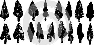 Stones Arrowheads Artifacts Symbols Icons Black Silhouettes Set Vector Collection, Native American Legacy