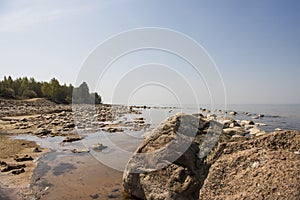 Stones balance on the beach. Place on Latvian coasts called Veczemju klintis