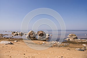 Stones balance on the beach. Place on Latvian coasts called Veczemju klintis