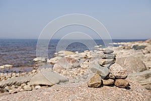 Stones balance on the beach. Place on Latvian coasts called Veczemju klintis