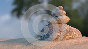 Stones balance on beach, sunrise 3d illustration