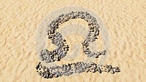 Stones on beach sand handmade symbol shape, golden sandy background, libra zodiac sign.