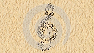 Stones on beach sand handmade symbol shape, golden sandy background, musical note sign