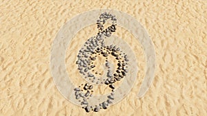 Stones on beach sand handmade symbol shape, golden sandy background, musical note sign