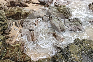 Stones on the beach in surf water