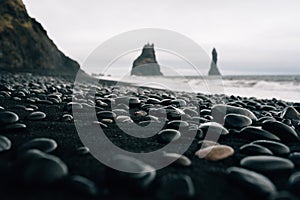 Stones on a black beach in Icelandn