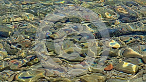 Stones on the bottom of a lake clear water with soft sunny ripples