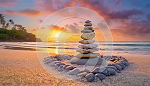 Stones cairn piled up on an exotic beach at dawn. Calm view to the sunrise above the sea
