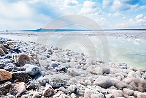 The stones are covered with a crust of salt on the shores of the salar Baskunchak. Extraction of salt photo