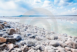 The stones are covered with a crust of salt on the shores of the salar Baskunchak. Extraction of salt