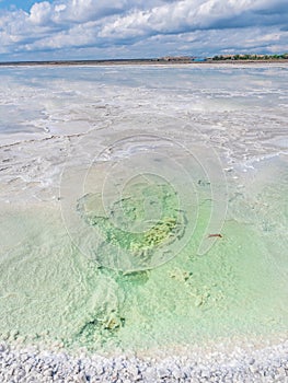 The stones are covered with a crust of salt on the shores of the salar Baskunchak. Extraction of salt