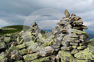 Stones covered with lichen in Gorgany - mountain range in Western Ukraine