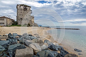 Stones Medieval tower in Ouranopoli, Athos, Chalkidiki, Greece