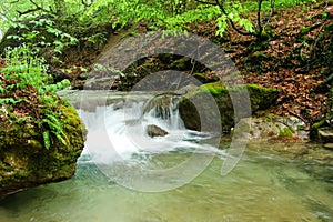 Stones. Mountain stream. The rocky shore. Water flows over rocks.