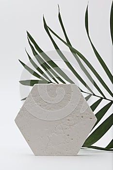 Stones platform podium and palm leaf on gray light copy spase background. Minimal empty display product presentation scene