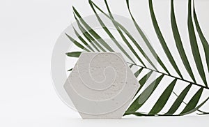 Stones platform podium and palm leaf on gray light copy spase background. Minimal empty display product presentation scene