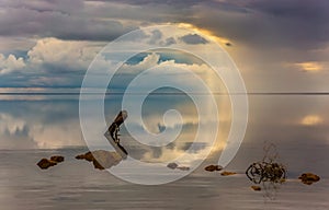 Stones and reflection of the sky in salt lake of Elton